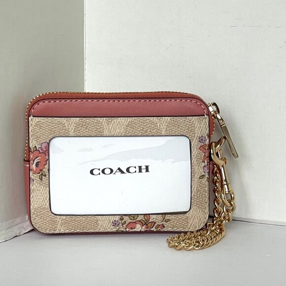 Coach Pink Floral Zip Card Case CAU45 ID Wallet Beige Leather Chain Strap ORGPKG - Picture 3 of 7